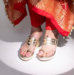 Load image into Gallery viewer, Metallic Gold Pom Pom Kolhapuri Wedge
