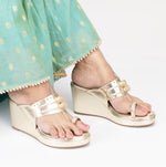 Load image into Gallery viewer, Metallic Gold Pom Pom Kolhapuri Wedge
