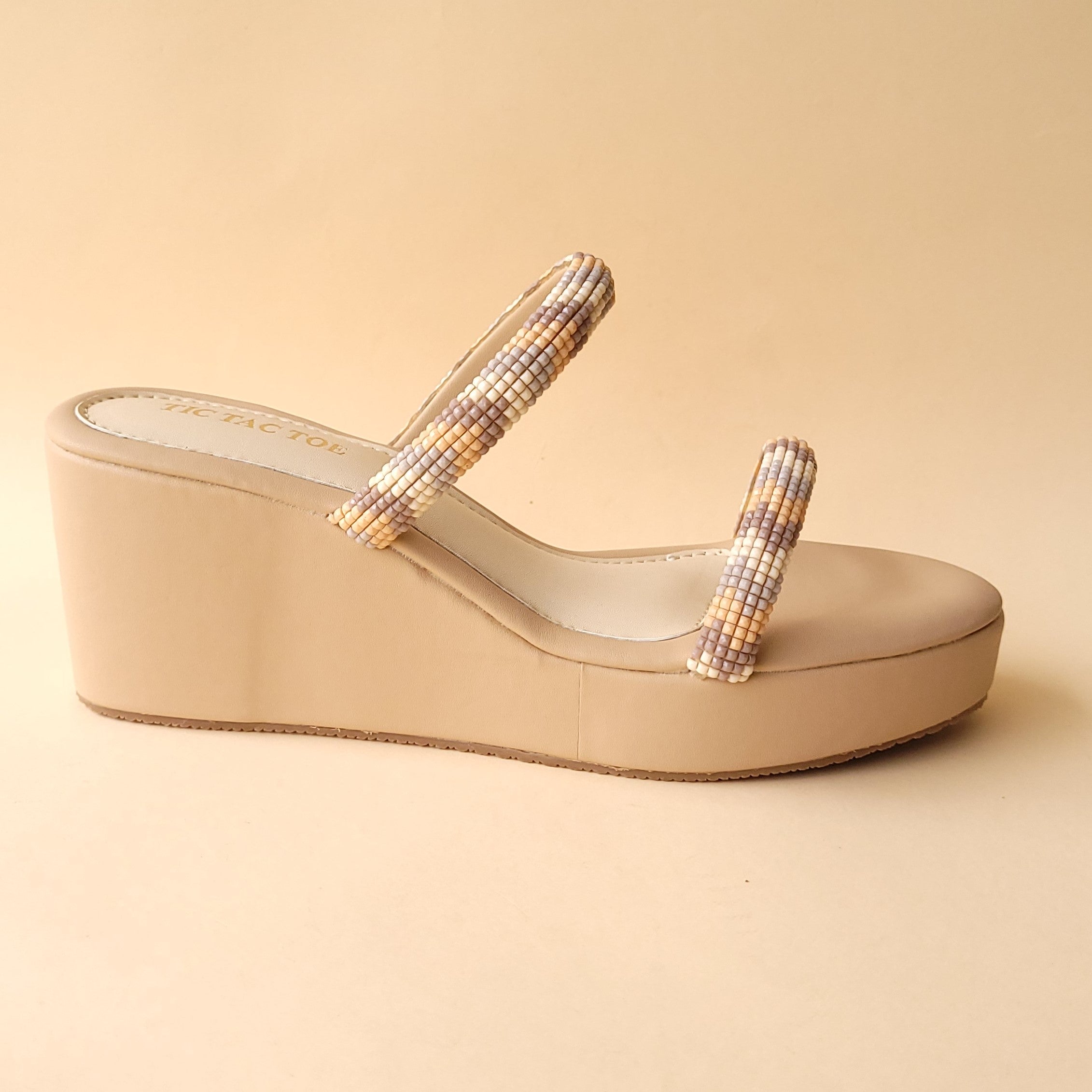 Beige 2 Strap Beads Wedge