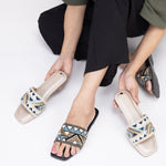 Load image into Gallery viewer, Black Blue Embroidery Katdana Slider Flats
