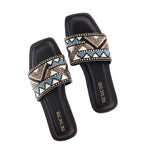 Load image into Gallery viewer, Black Blue Embroidery Katdana Slider Flats
