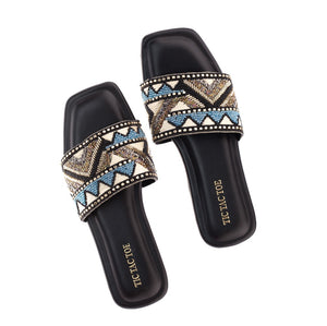 Black Blue Embroidery Katdana Slider Flats