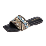 Load image into Gallery viewer, Black Blue Embroidery Katdana Slider Flats
