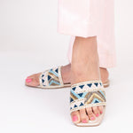 Load image into Gallery viewer, Pink Blue Beige Embroidery Katdana Slider Flats
