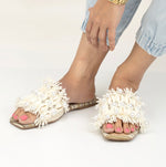 Load image into Gallery viewer, Beige Pearl Woolen Slider Flats
