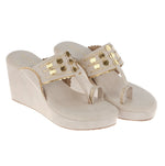 Load image into Gallery viewer, Golden Tikli Beige Kolhapuri Wedge
