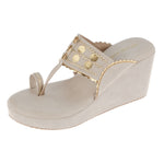 Load image into Gallery viewer, Golden Tikli Beige Kolhapuri Wedge
