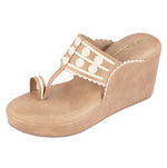 Load image into Gallery viewer, Beige Tikli Brown Kolhapuri Wedge
