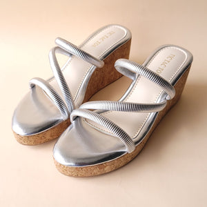 Silver Metallic Cross Strap Wedge