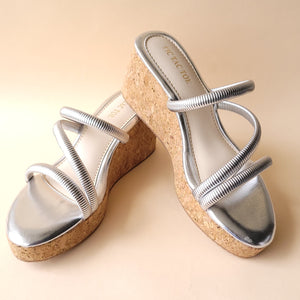 Silver Metallic Cross Strap Wedge