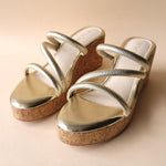 Load image into Gallery viewer, Gold Metallic Cross Strap Wedge
