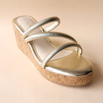 Load image into Gallery viewer, Gold Metallic Cross Strap Wedge
