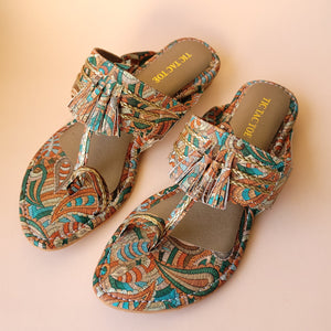 Tan Tasseled Printed Kolhapuri Flats