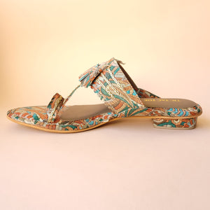 Tan Tasseled Printed Kolhapuri Flats