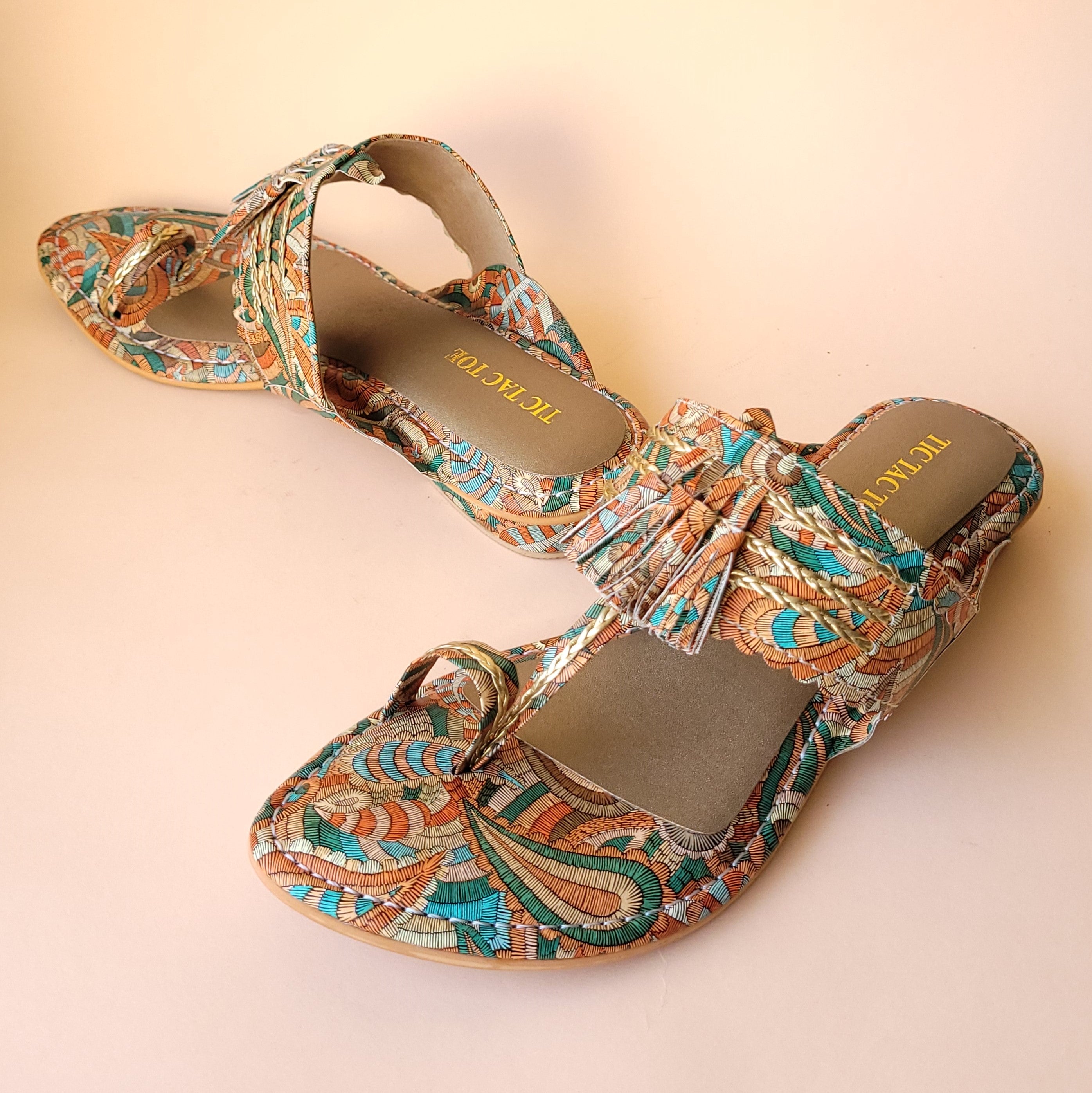 Tan Tasseled Printed Kolhapuri Flats