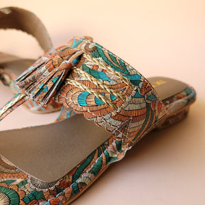 Tan Tasseled Printed Kolhapuri Flats