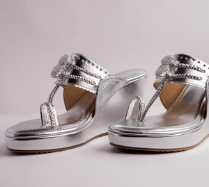 Metallic Silver Tasseled Kolhapuri Wedge