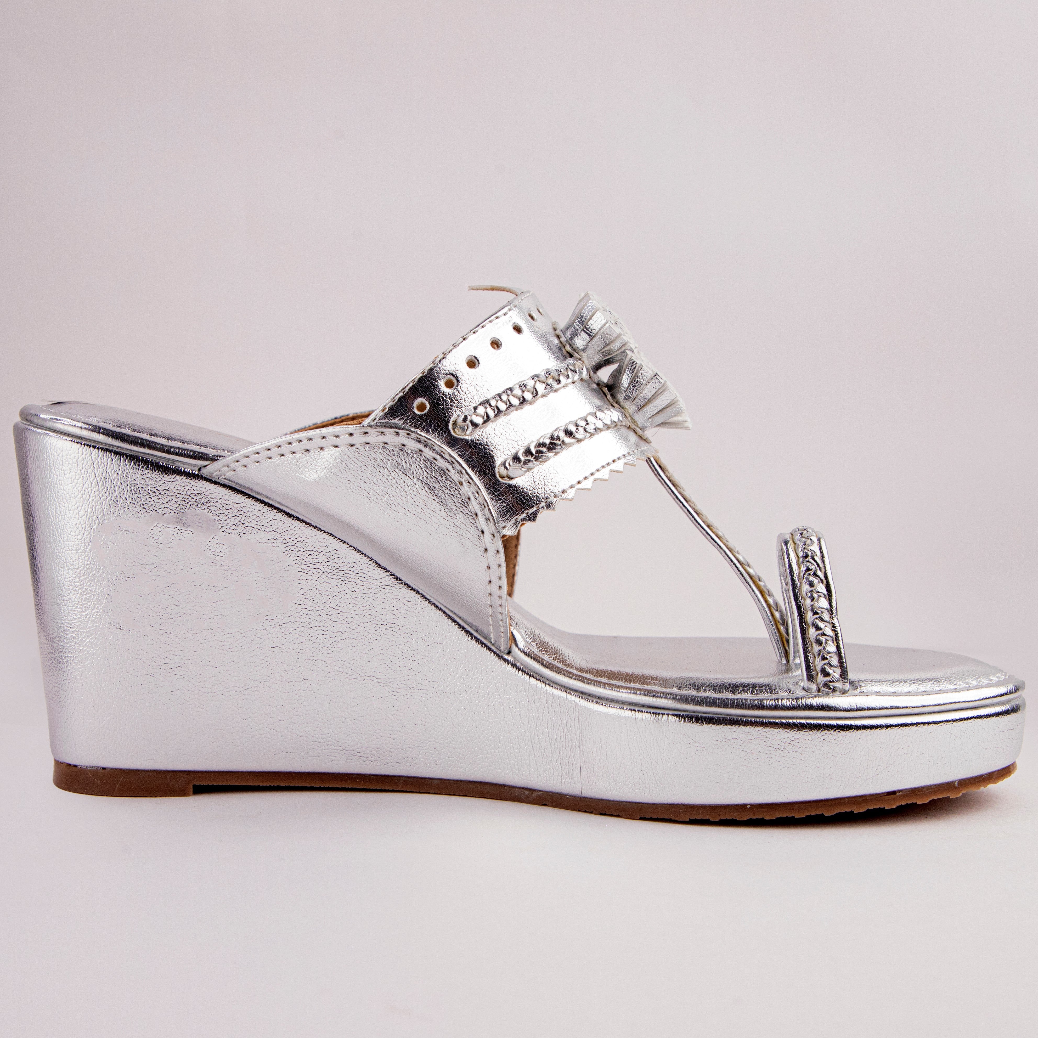 Metallic Silver Tasseled Kolhapuri Wedge