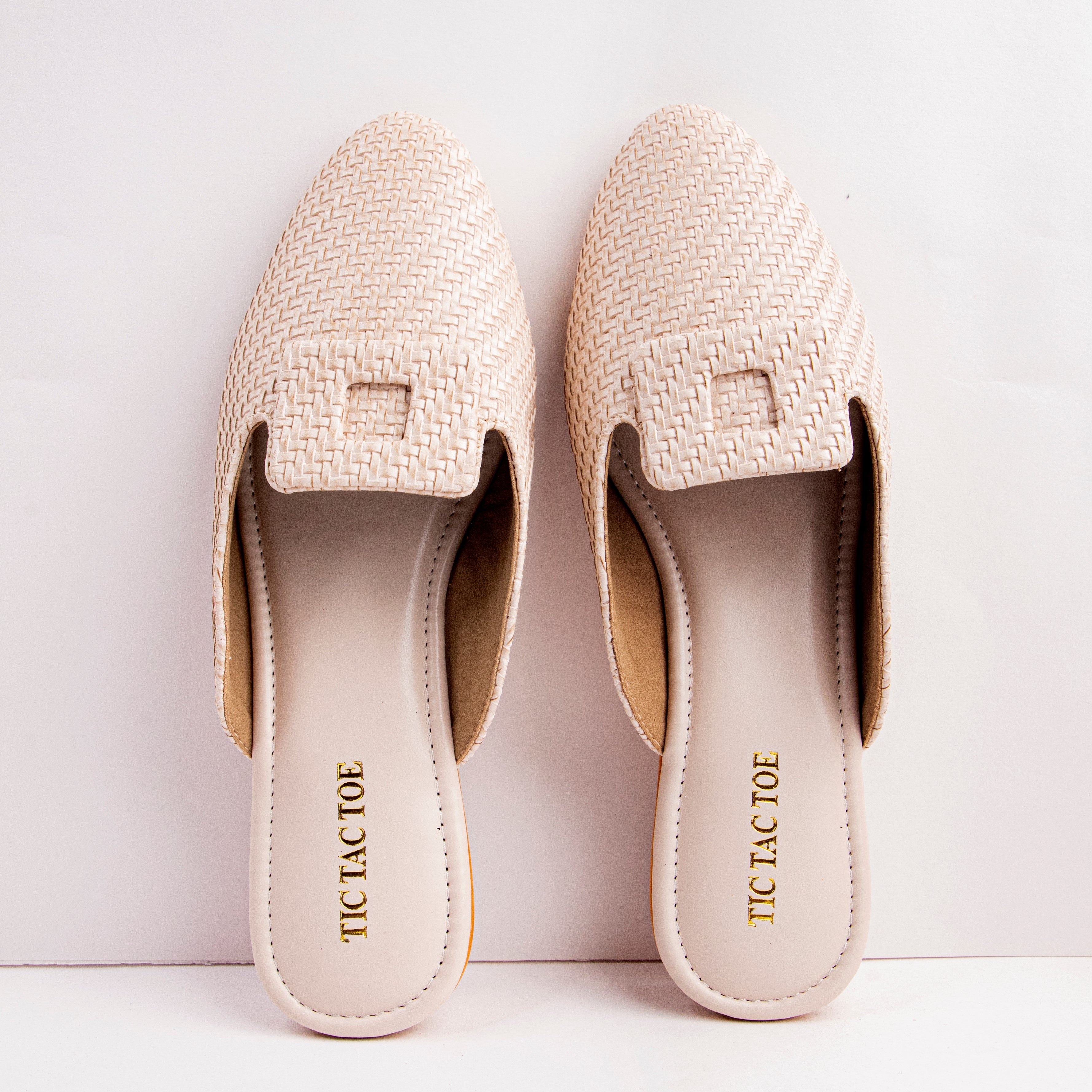 Beige Weave Mule Flats