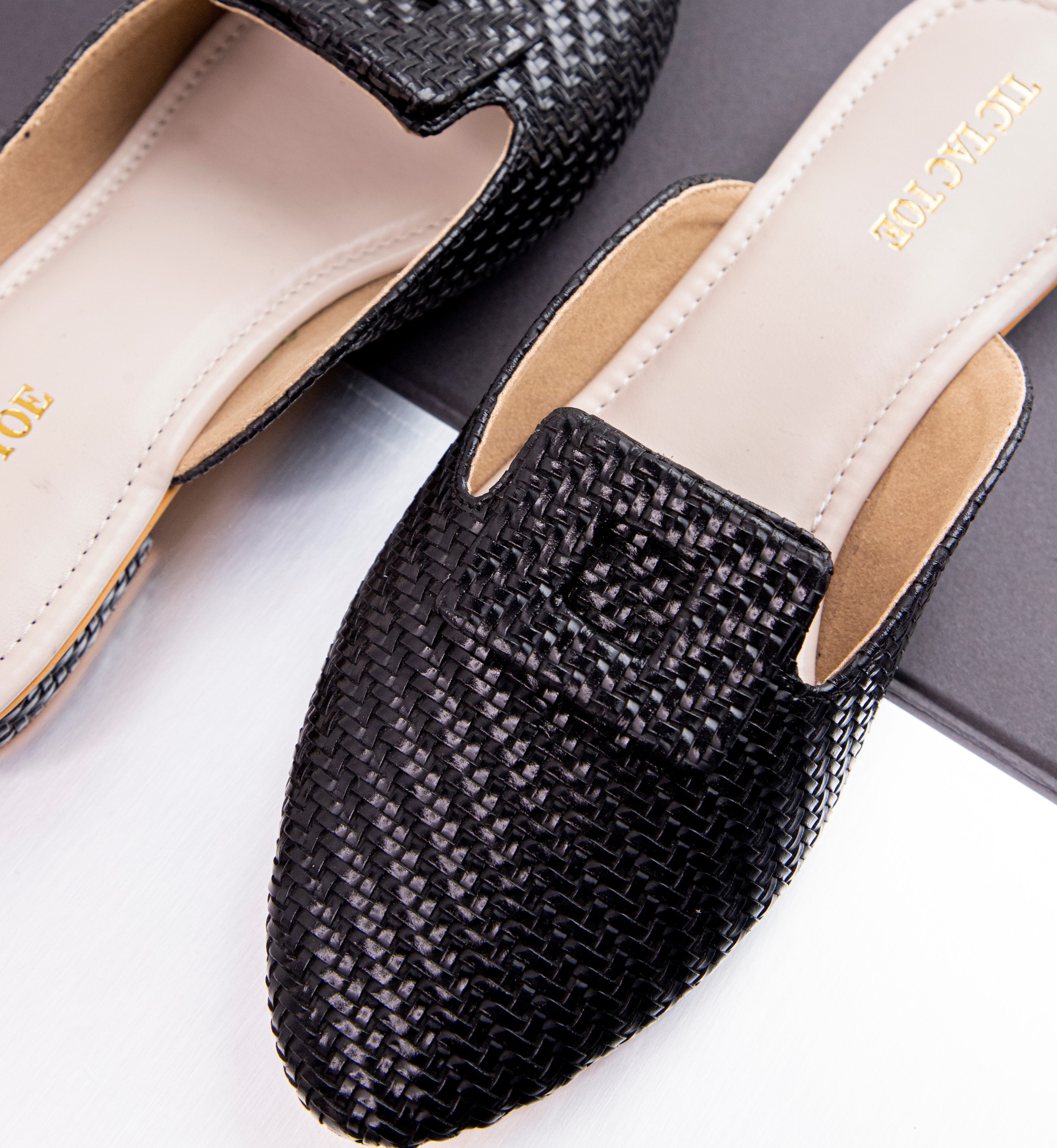 Black Weave Mule Flats