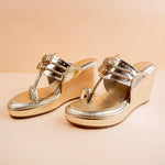 Load image into Gallery viewer, Metallic Gold Pom Pom Kolhapuri Wedge
