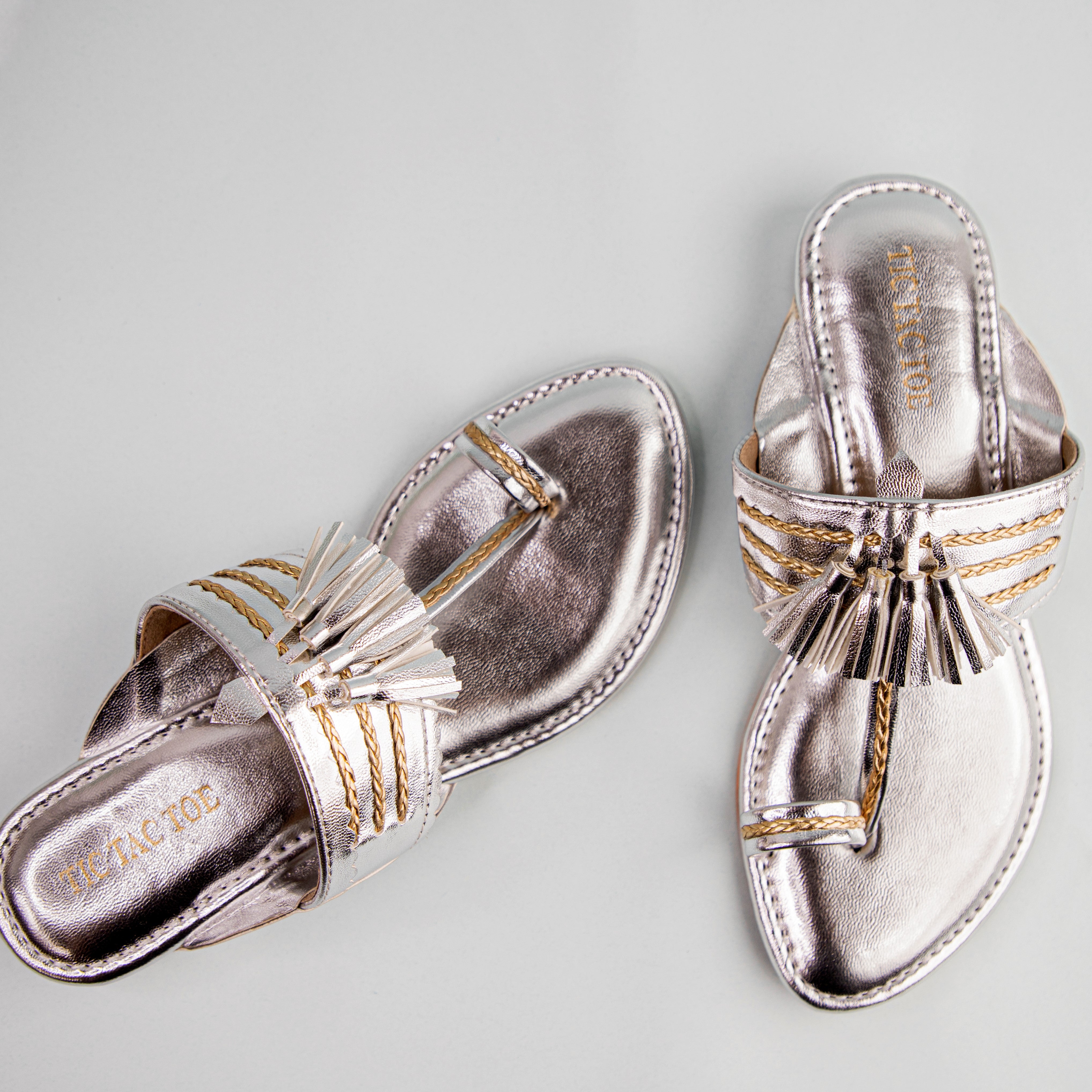 Metallic Silver Tasseled Kolhapuri Flats