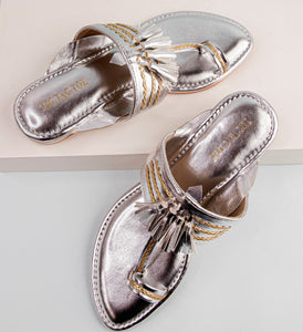 Metallic Silver Tasseled Kolhapuri Flats