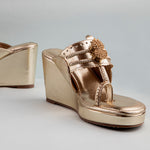 Load image into Gallery viewer, Metallic Gold Pom Pom Kolhapuri Wedge
