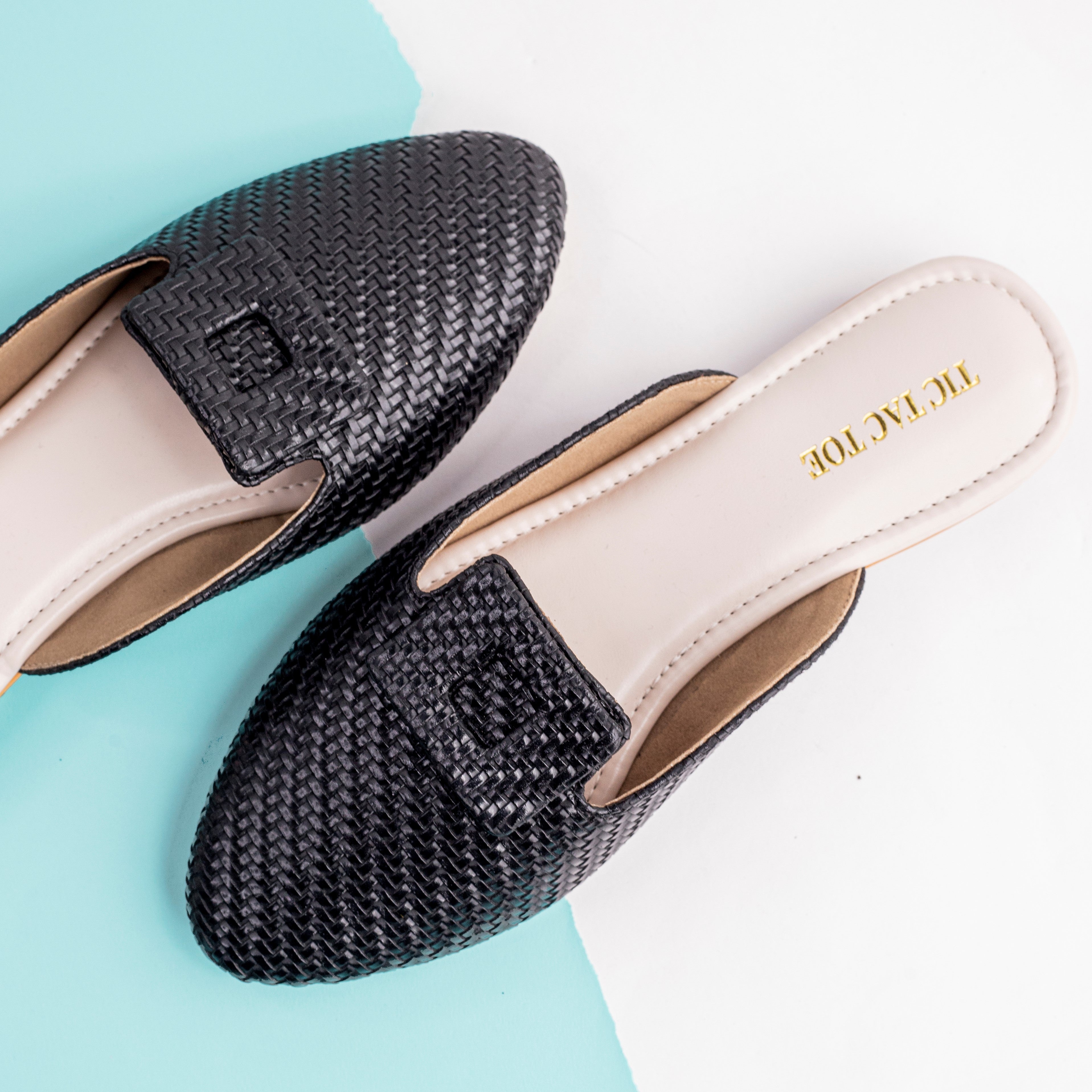 Black Weave Mule Flats