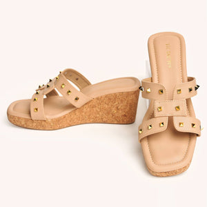 Beige Studs Slip On Wedge