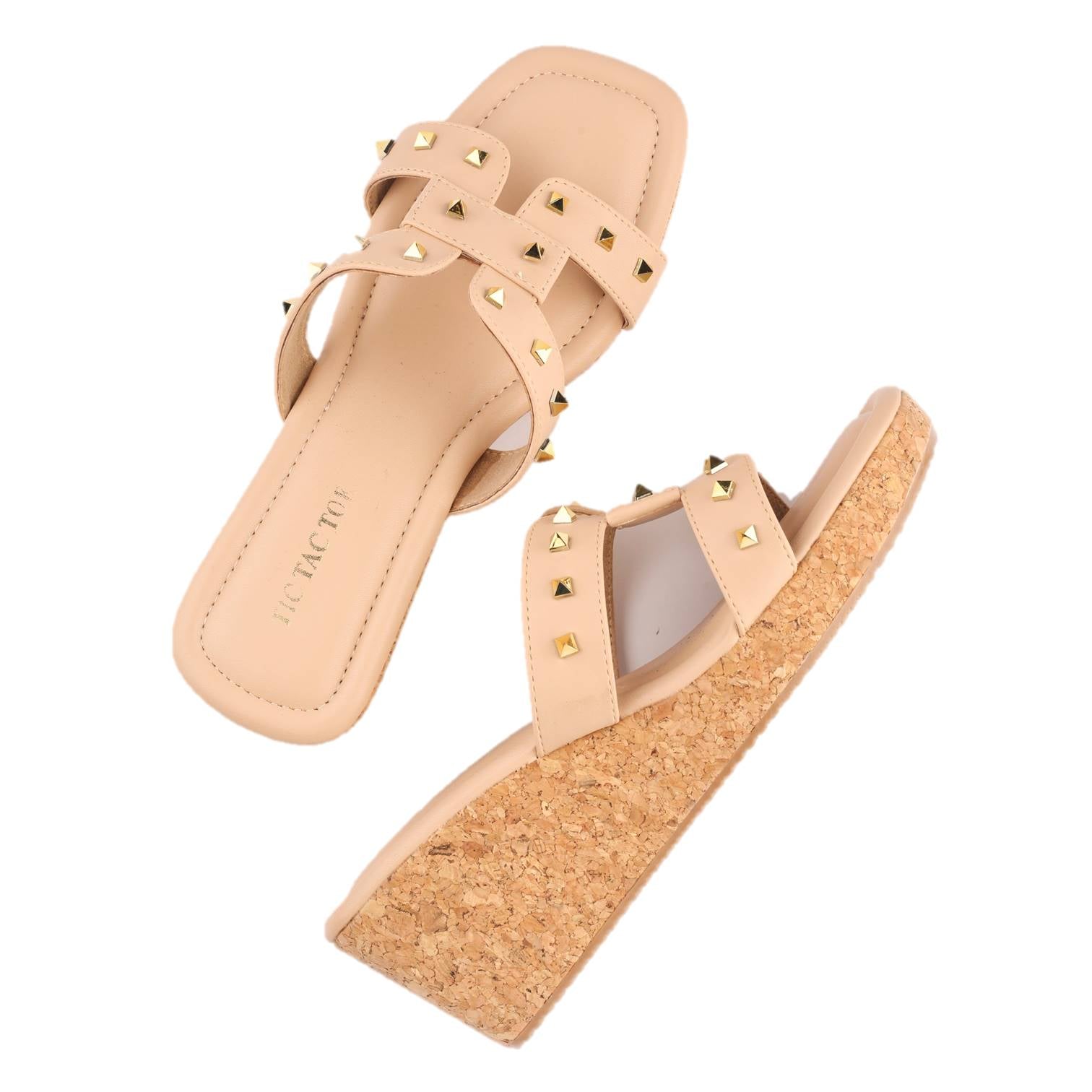 Beige Studs Slip On Wedge